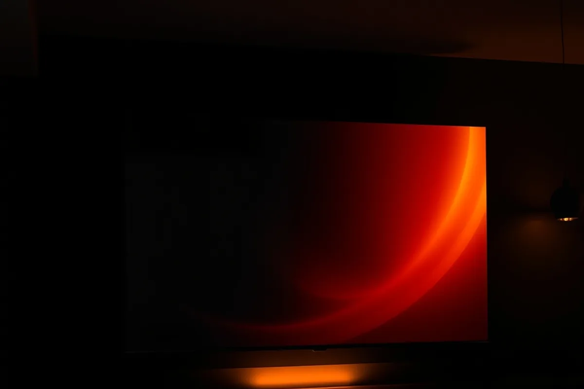Close-up van een grote 4K-televisie met scherp contrast in een donkere kamer in de avond
