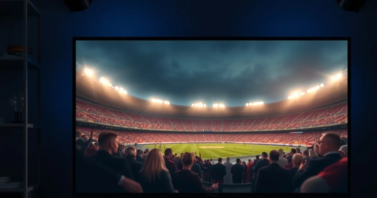 Donkere huiskamer met een 4K-scherm dat een fel verlicht voetbalstadion toont, met een streaming-apparaat en router op de voorgrond