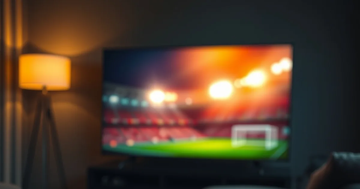 Donkere huiskamer met een televisiescherm dat oplicht tijdens een live Champions League-avond