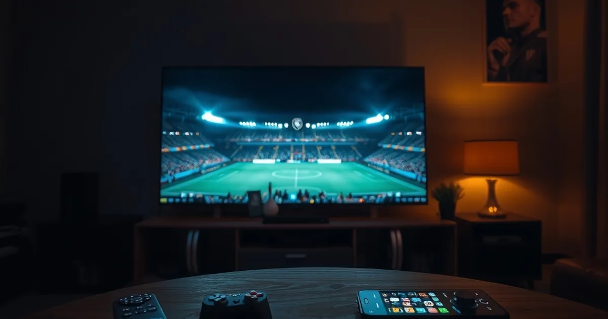 Donkere huiskamer 's avonds met een groot tv-scherm dat een verlicht Champions League-stadion toont, drie afstandsbedieningen en een telefoon met voetbal-app op de salontafel