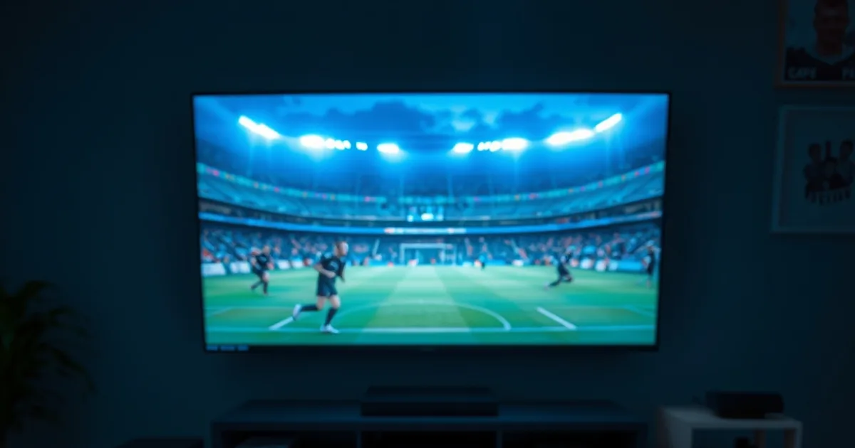 Donkere huiskamer in de avondschemering met een televisie die een live voetbalwedstrijd toont, omringd door meerdere apparaten en afstandsbedieningen
