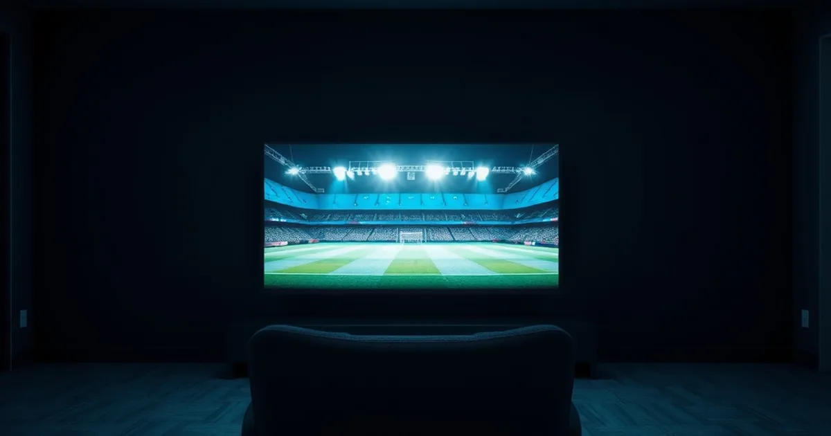 Donkere woonkamer met een groot scherm dat een verlicht voetbalstadion toont tijdens een Eredivisie-avond.