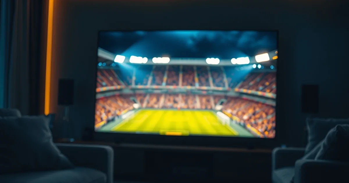Donkere huiskamer 's avonds met een televisie die een sfeervol verlicht voetbalstadion toont tijdens een live wedstrijd