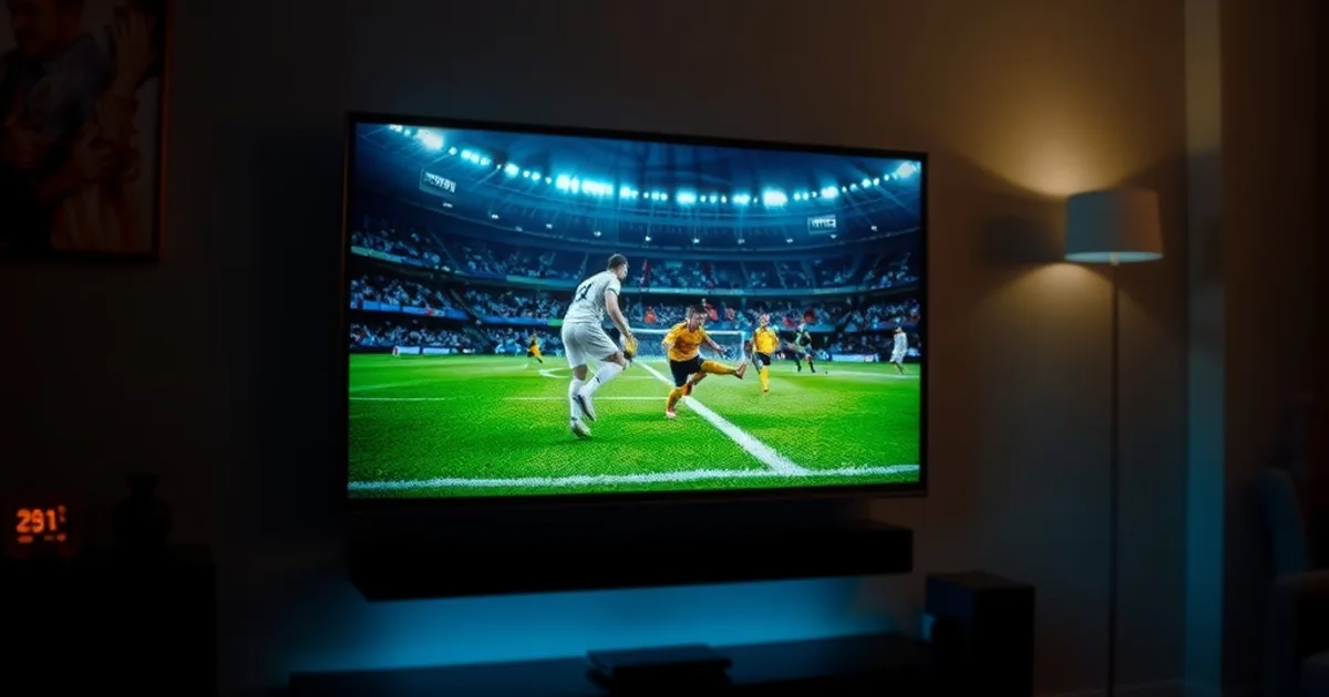Donkere huiskamer met een 4K-tv die een scherpe voetbalwedstrijd toont, met een ethernetkabel op de voorgrond die naar de router leidt.