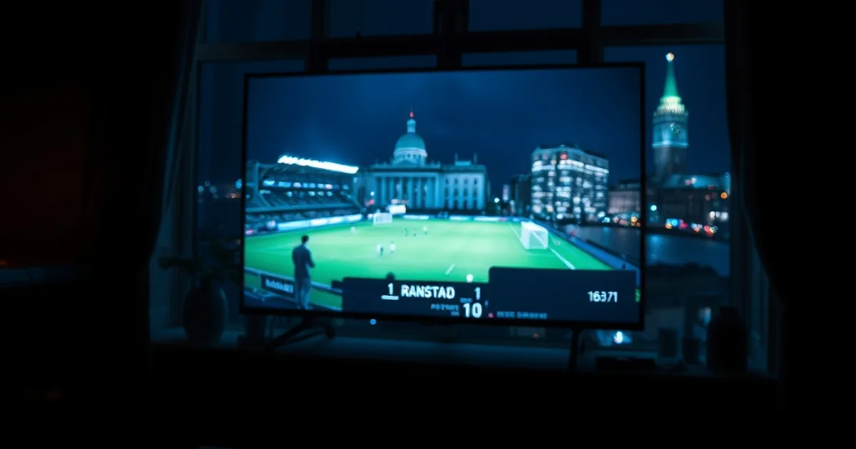 Donkere avondscène in een Utrechts appartement met de Domtoren op de achtergrond, terwijl een voetbalwedstrijd op de tv wordt gestreamd