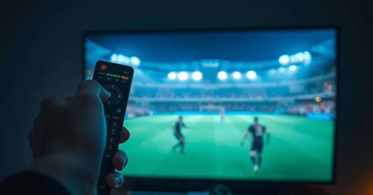 Iemand bedient in een schemerige woonkamer een streamingbox met een afstandsbediening, terwijl op de televisie op de achtergrond een voetbalwedstrijd te zien is.