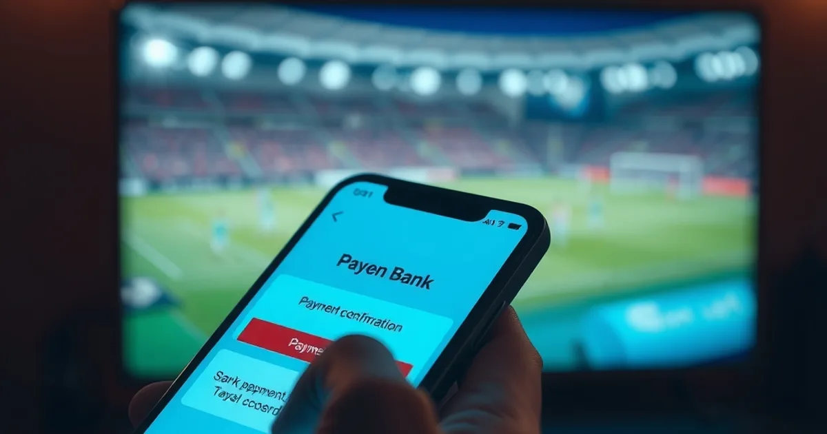 Close-up van een hand die op een smartphone een betaalbevestiging bekijkt, met een televisie met voetbalbeelden op de achtergrond