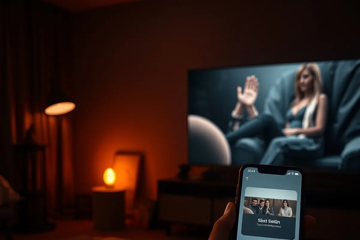IPTV-box en smartphone naast een grote televisie tijdens het installeren van een IPTV-app