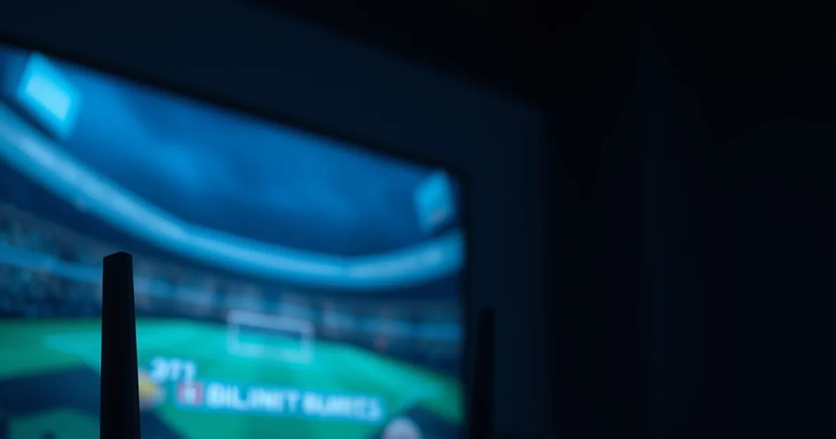 Een router met knipperende lampjes op de voorgrond terwijl op de achtergrond een tv-scherm een voetbalwedstrijd toont die aan het bufferen is, in een donkere huiskamer.