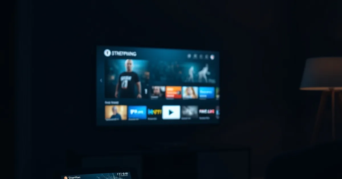 Donkere woonkamer 's avonds met een smart-tv, tablet en telefoon die alle drie oplichten met dezelfde app, verbonden door zachte lichtlijnen die synchronisatie symboliseren