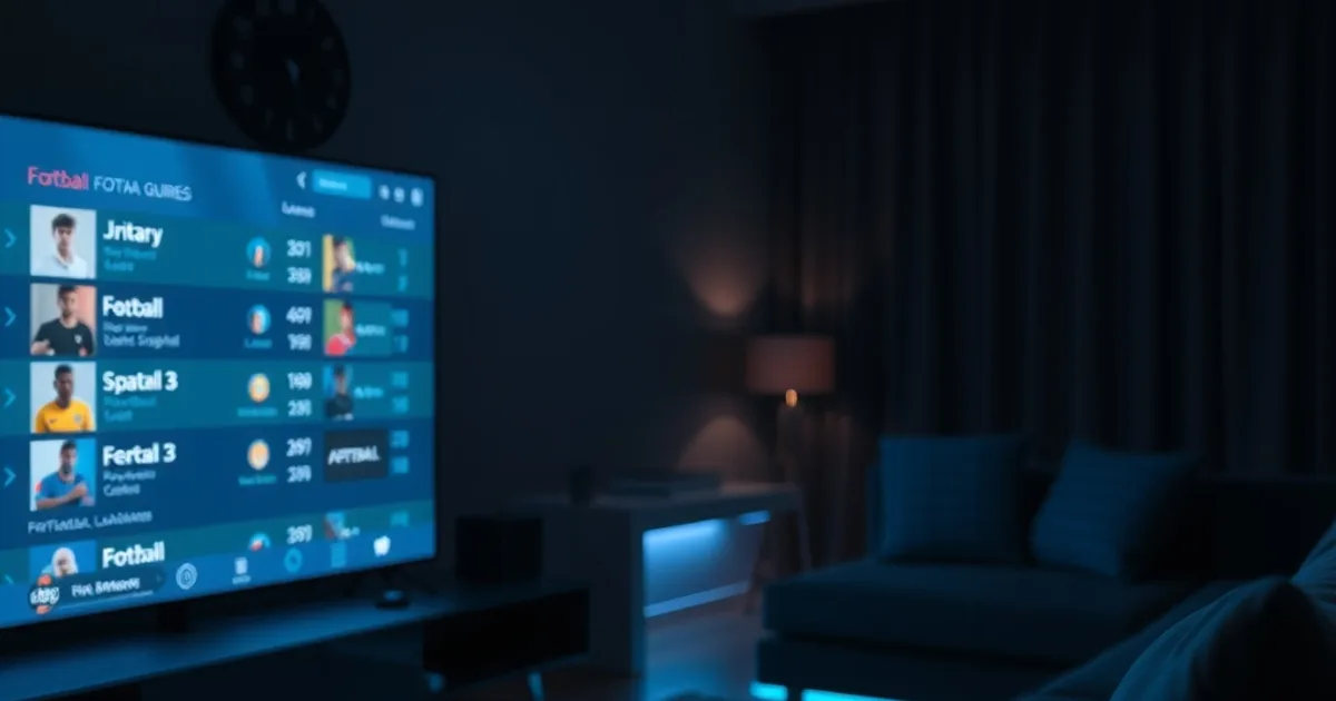 Donkere woonkamer met een tv die een elektronische programmagids met voetbaltijden toont, sfeervol verlicht in de avond