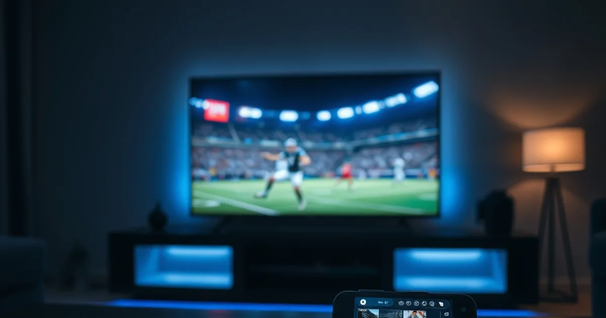 Donkere woonkamer met een tv die een live voetbalwedstrijd toont en een smartphone met een programmagids op de salontafel