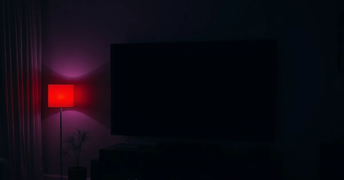 Donkere huiskamer waarin een televisie overschakelt van beeldstoring naar een zwart scherm, symbool voor een illegale IPTV-dienst die plotseling offline gaat