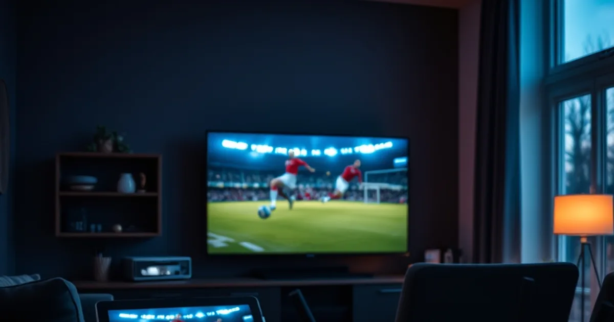 Donkere huiskamer in de avond met meerdere schermen die tegelijk een voetbalwedstrijd tonen, met een router en kabels op de voorgrond