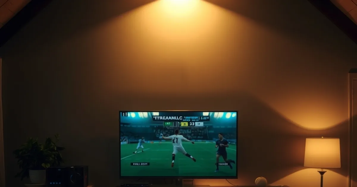 Donkere huiskamer waarin twee manieren om een Eredivisiewedstrijd te bekijken naast elkaar staan, met sfeervolle avondverlichting.