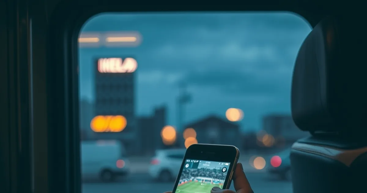 Iemand kijkt een voetbalwedstrijd op zijn smartphone in een donkere treincoupé, met het schermlicht als enige lichtbron