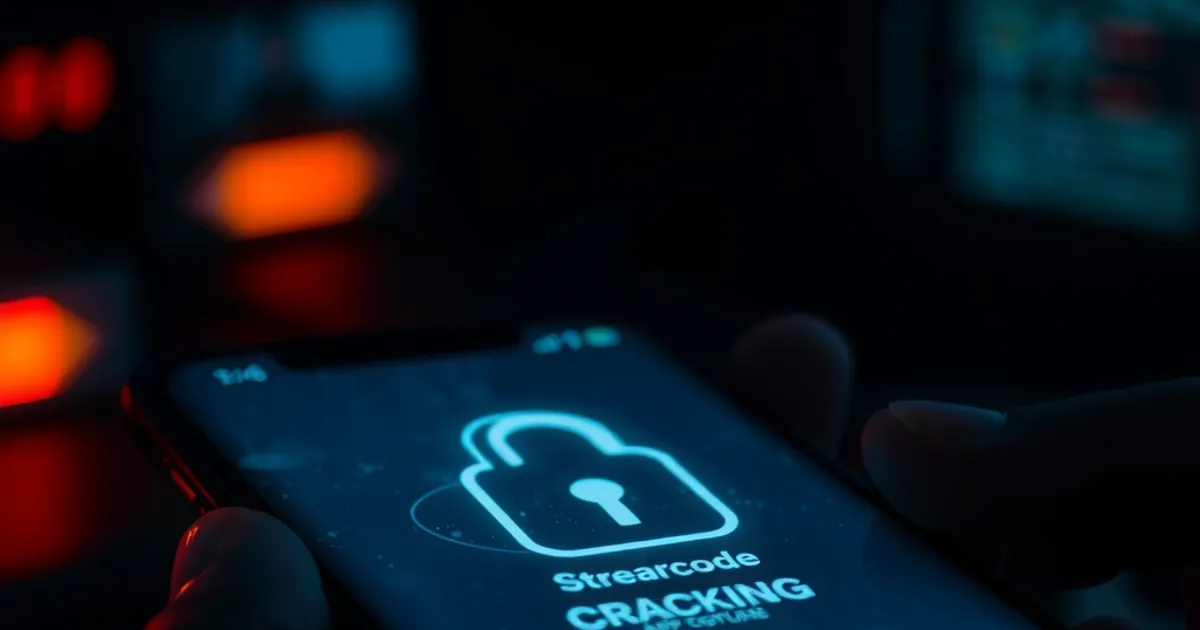 Een smartphone in het donker toont een nep-streamingapp met digitale storingseffecten, symbool voor IPTV-oplichting en malware.