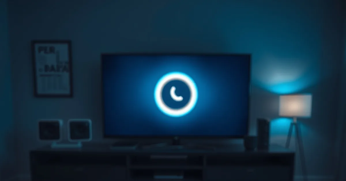 Donkere huiskamer 's avonds met een tv die een stream laadt, naast een telefoon en tablet met synchronisatie-iconen en een checklist op een notitieblok