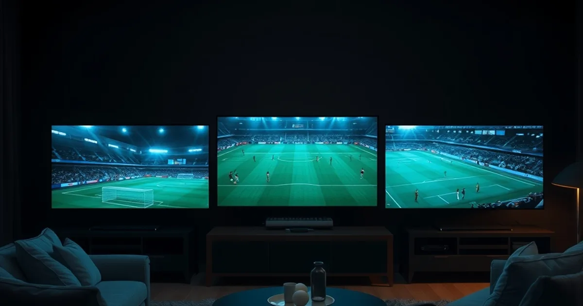 Drie schermen met voetbalwedstrijden in een donkere kamer, sfeerbeeld voor een IPTV-providervergelijking