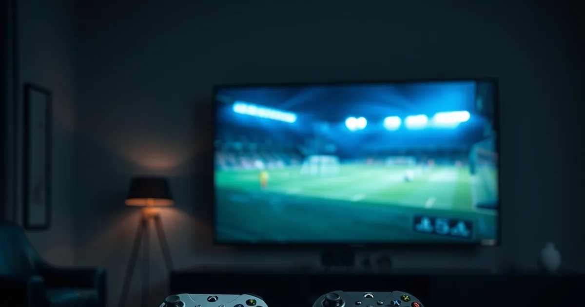 PS5- en Xbox-controllers op een tafel voor een tv die in het donker een voetbalveld toont