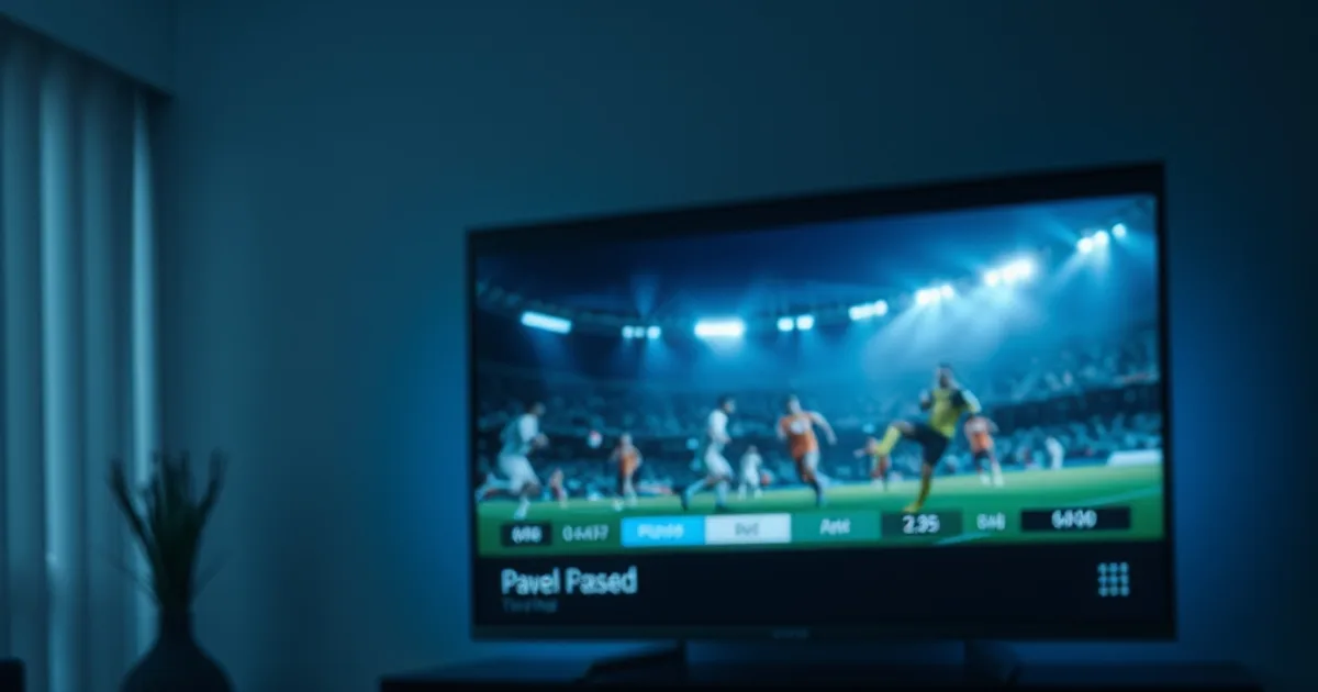 Donkere woonkamer met een televisiescherm waarop een gepauzeerde voetbalwedstrijd te zien is, met een rood opname-icoon en een programmagids onderin beeld, verlicht door het blauwe schermlicht.