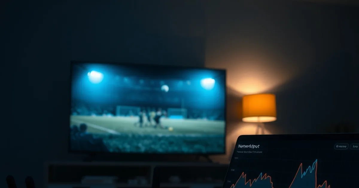 Donkere huiskamer met een bufferende voetbalwedstrijd op tv en een router met knipperende lampjes op de voorgrond.