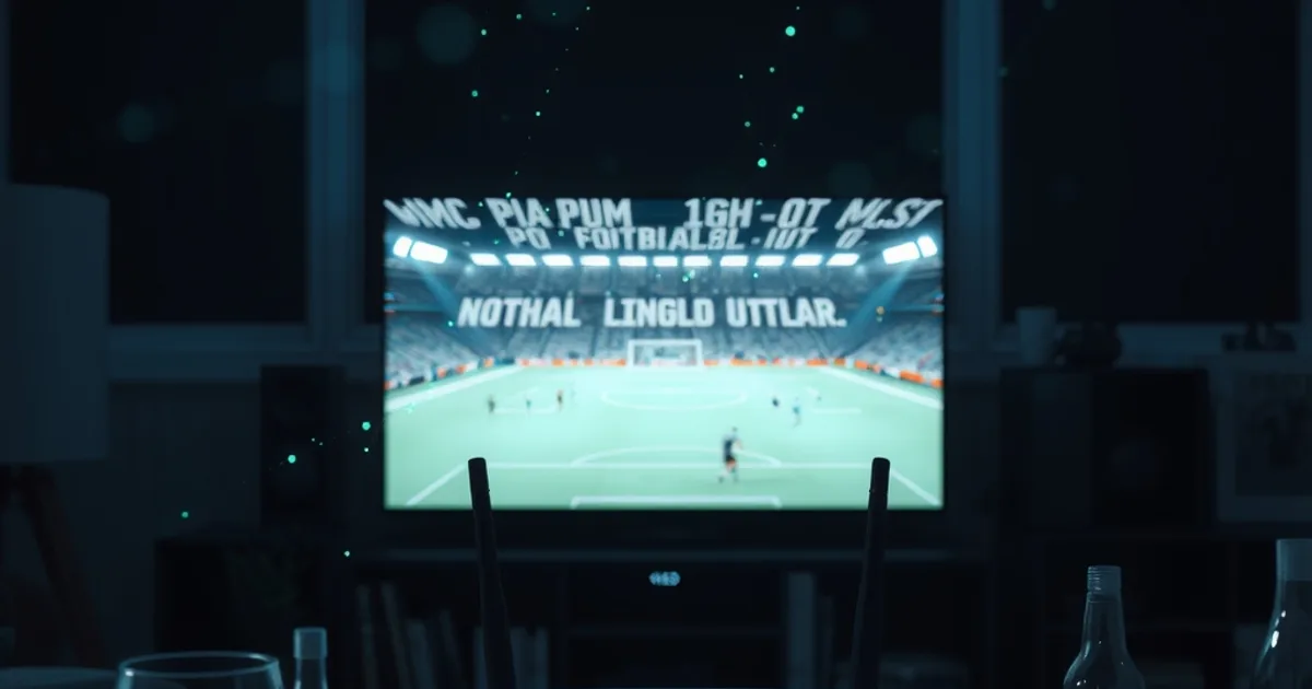 Donkere huiskamer met een bufferend voetbalbeeld op tv en een router waaruit gloeiende datastromen komen die deels onderschept worden