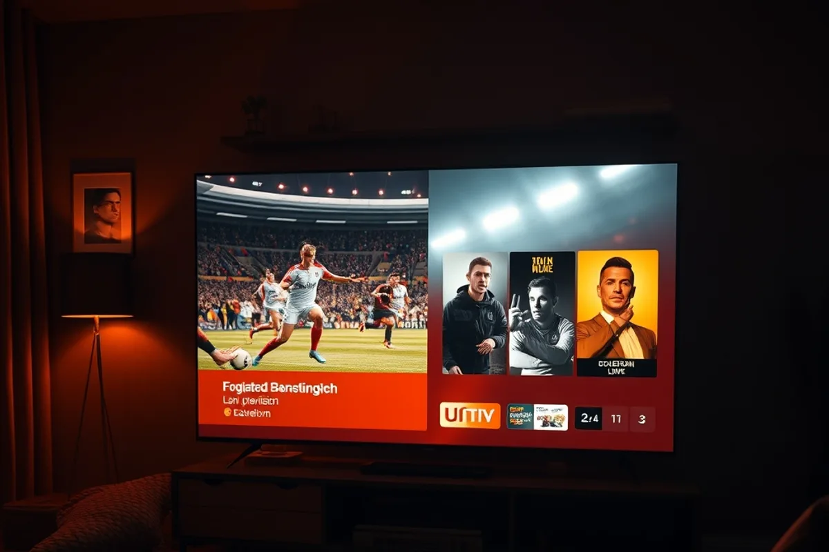 Televisie die live tv, sport en films naast elkaar toont in een warm verlichte donkere woonkamer