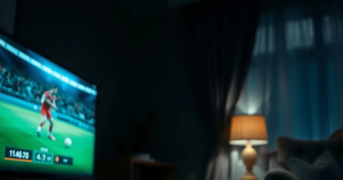 Kleine streaming-box aangesloten op een oudere televisie in een schemerige woonkamer, met een live voetbalwedstrijd op het scherm