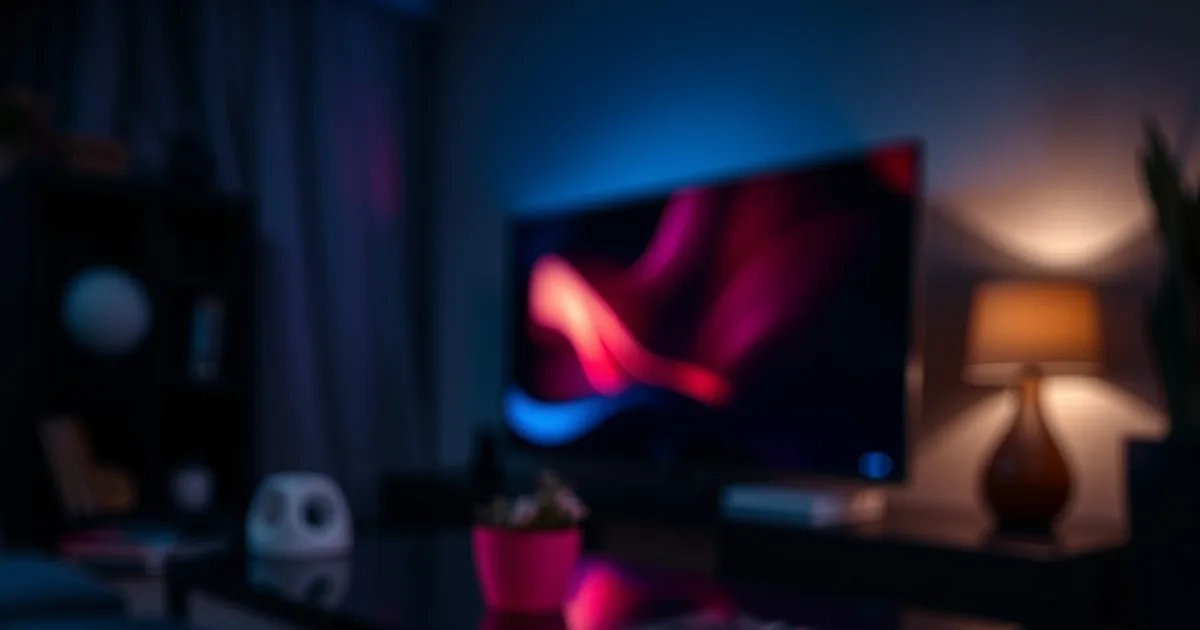 Een Raspberry Pi-bordje aangesloten op een tv in een schemerige woonkamer, met zacht blauw licht van de printplaat