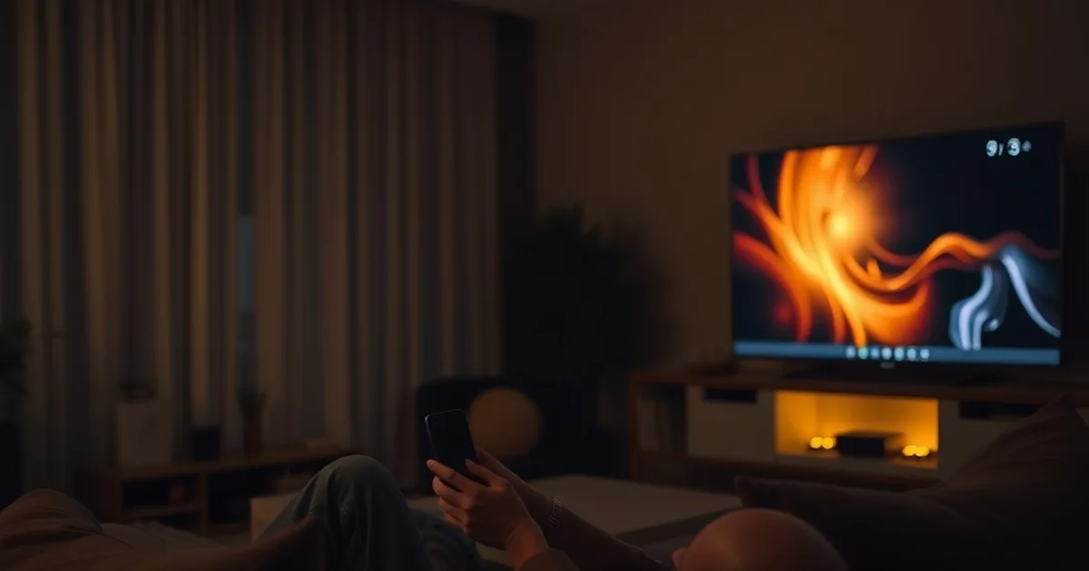 Persoon die op een bank ontspannen op een smartphone een IPTV-bestelling afrondt naast een televisie in de avond