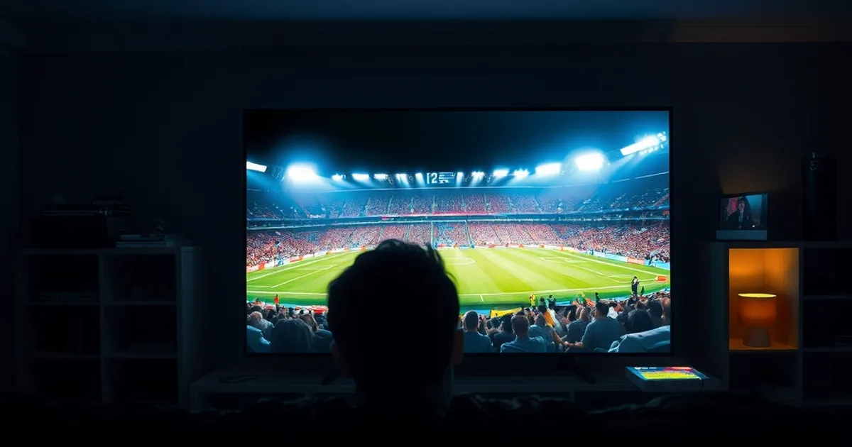 Donkere huiskamer in de avond met een groot tv-scherm dat een verlicht WK-stadion toont, met een tweede apparaat zachtjes oplichtend op de achtergrond
