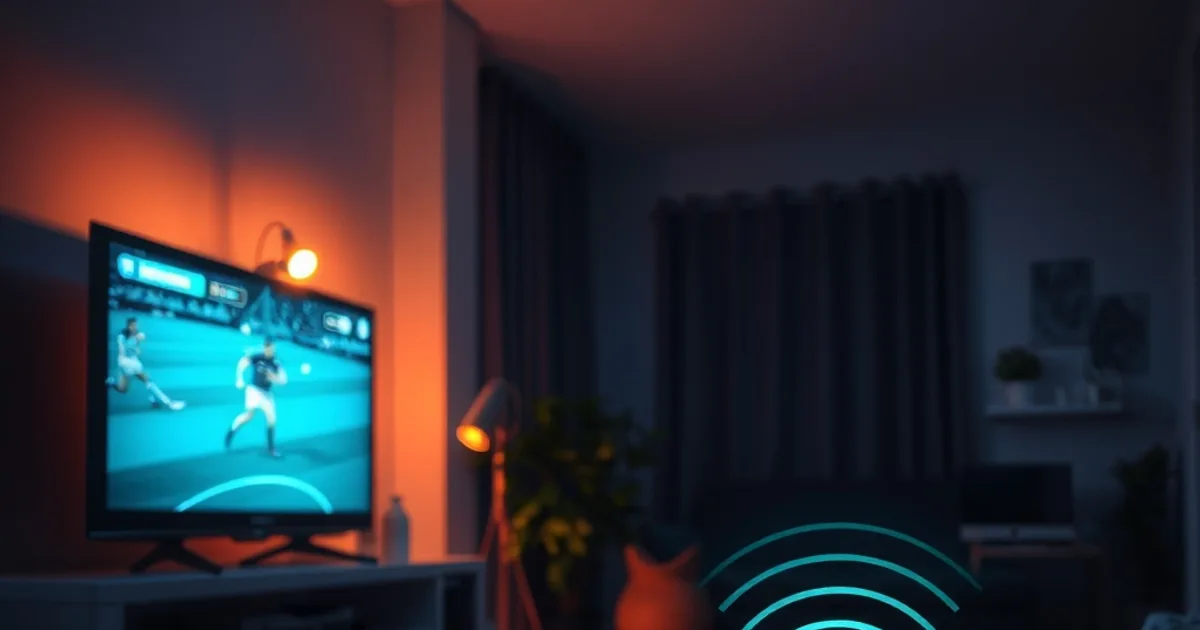 Donkere woonkamer met een televisie die een voetbalwedstrijd toont, met een zichtbare ethernetkabel naar de mediaspeler en vervagende WiFi-golven op de achtergrond